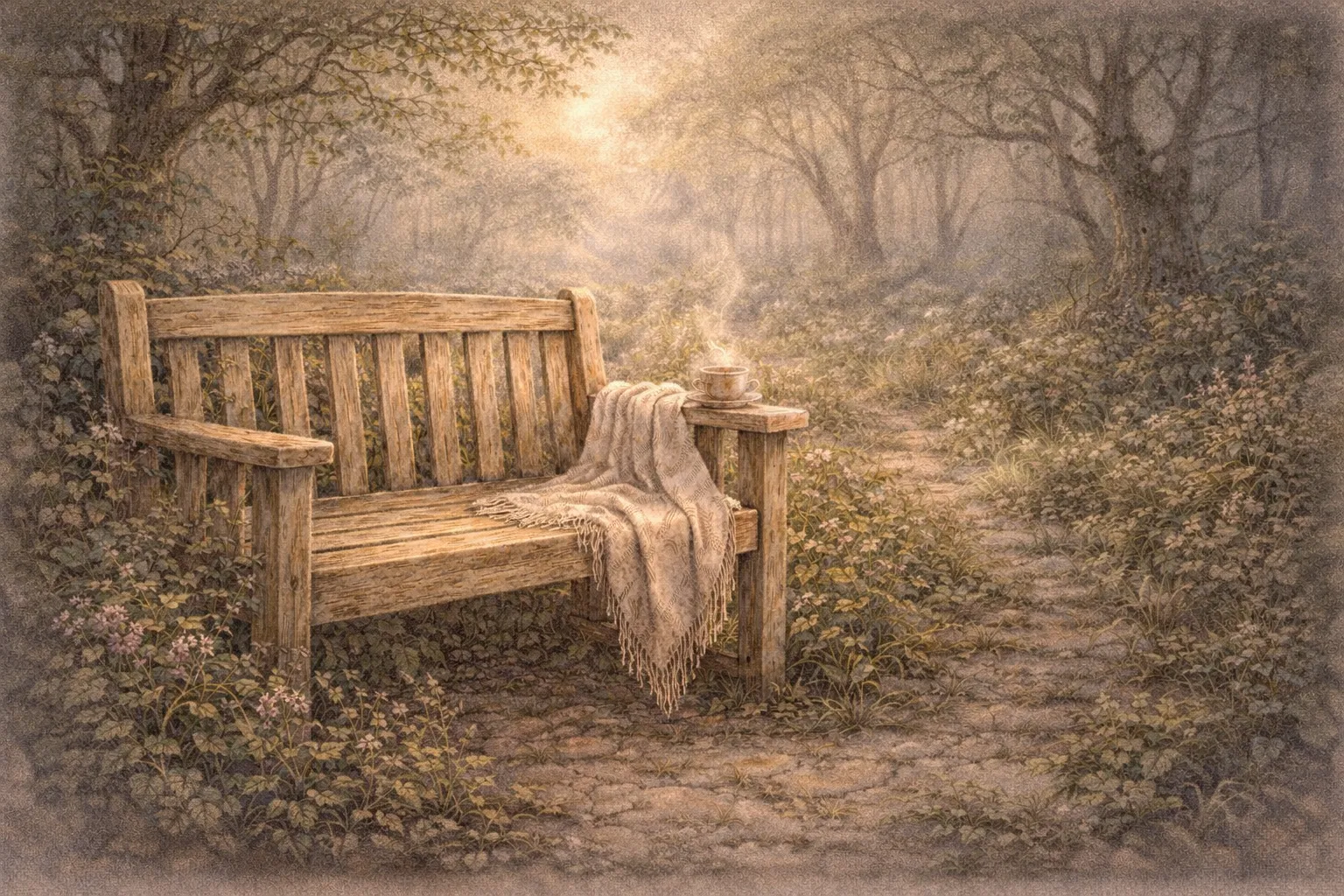 A wooden bench with a cream shawl and steaming tea, nestled in a misty forest clearing with wildflowers, a path leading onward through the trees